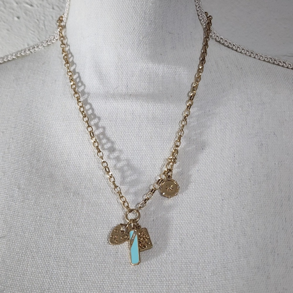 Banana Republic Y2K‎ Charm Necklace Gold tone Turquoise Enamel Crystal